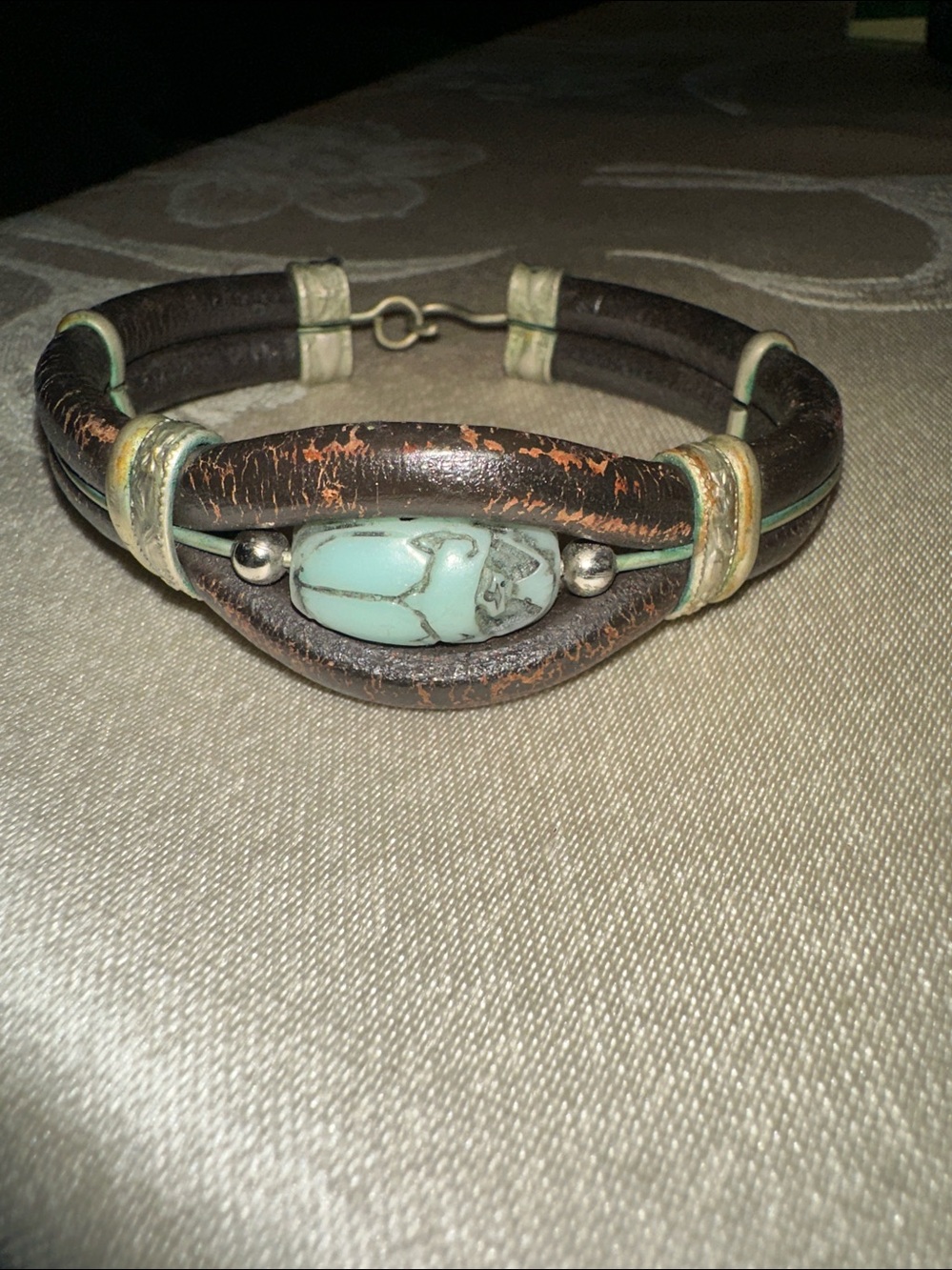 1970s Egyptian Leather Brass Scarab Turquoise Clay Vintage Bracelet